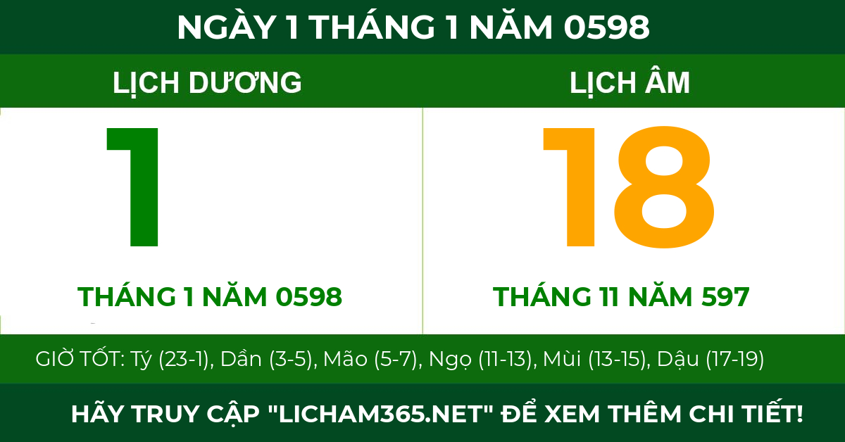 lịch âm ngày 1 tháng 1 năm 0598