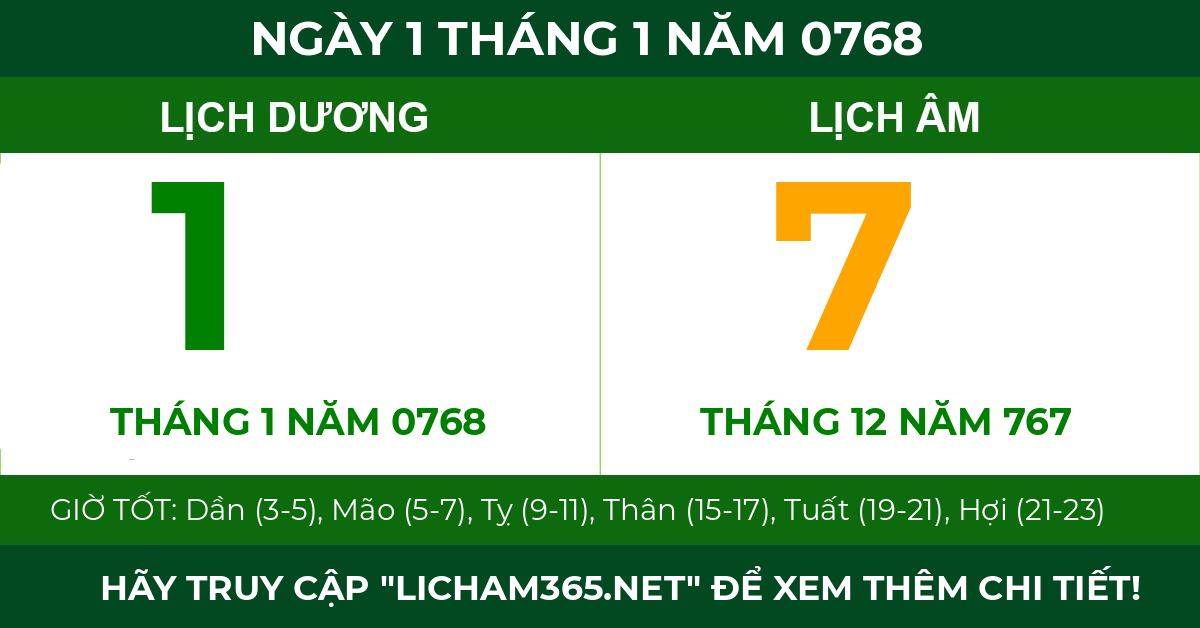 lịch âm ngày 1 tháng 1 năm 0768