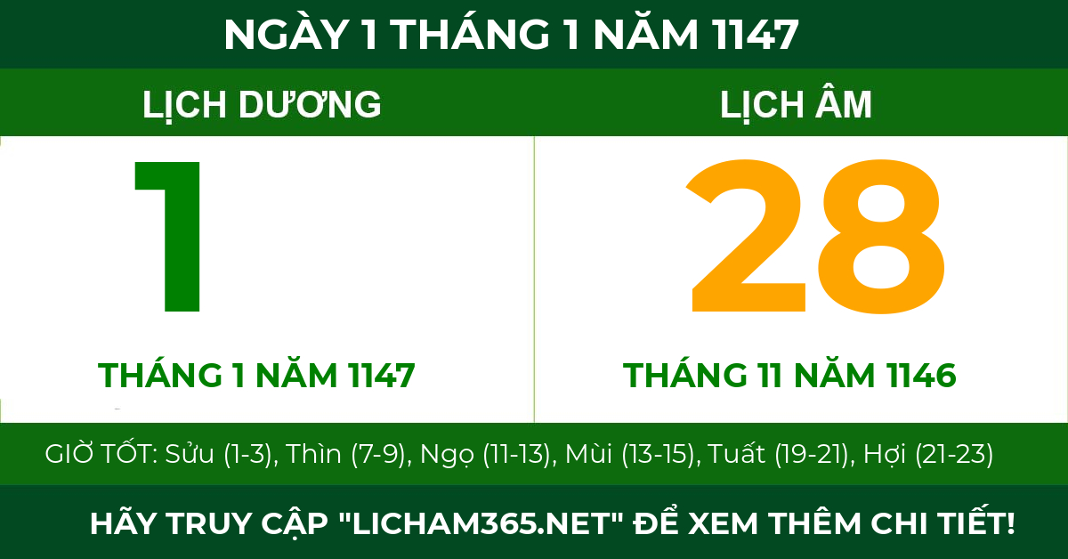 lịch âm ngày 1 tháng 1 năm 1147