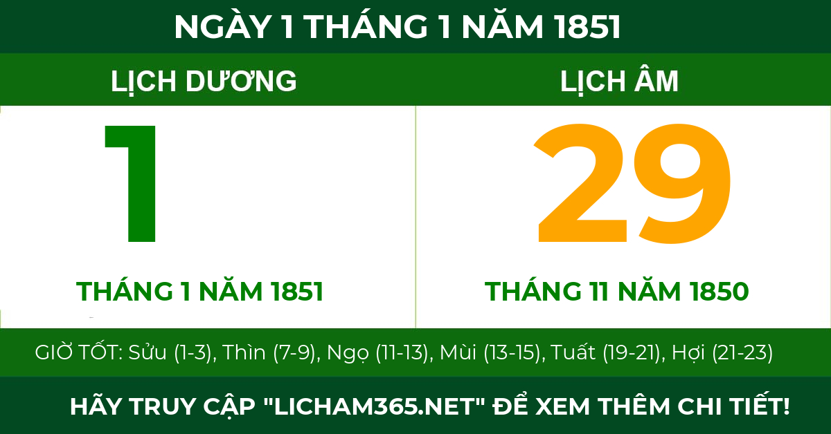 lịch âm ngày 1 tháng 1 năm 1851