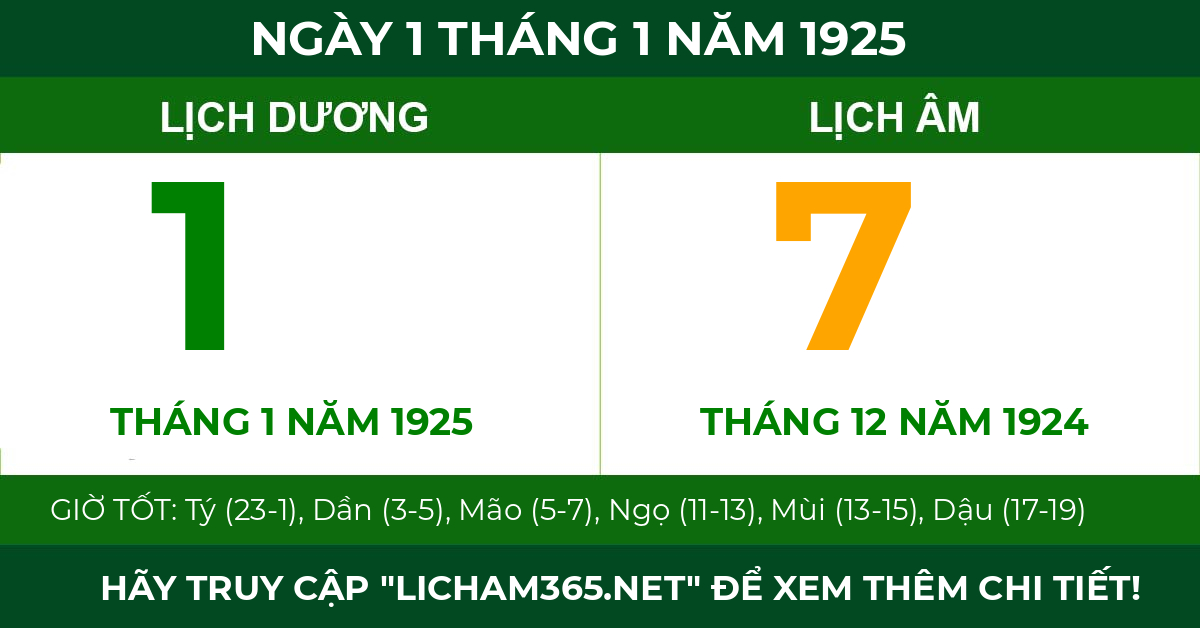 lịch âm ngày 1 tháng 1 năm 1925