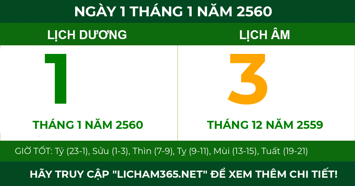 lịch âm ngày 1 tháng 1 năm 2560