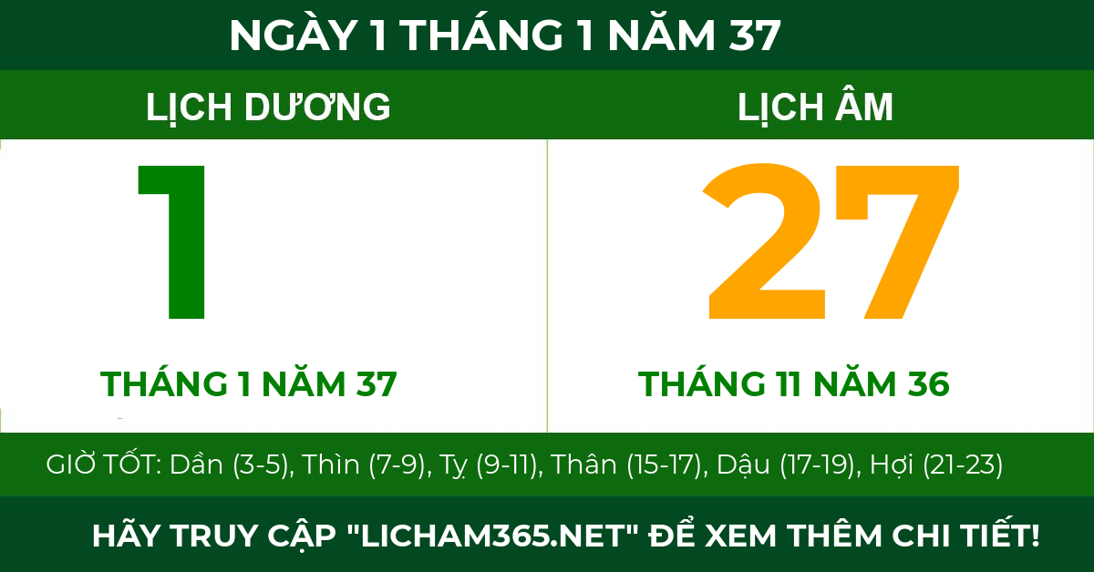 lịch âm ngày 1 tháng 1 năm 37