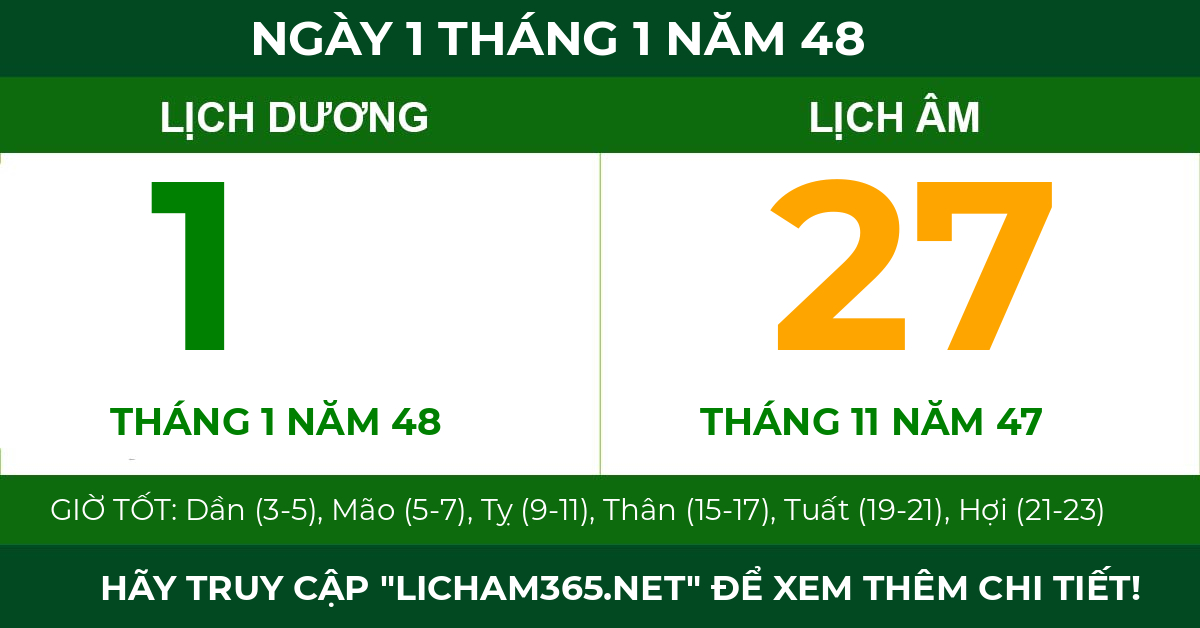 lịch âm ngày 1 tháng 1 năm 48
