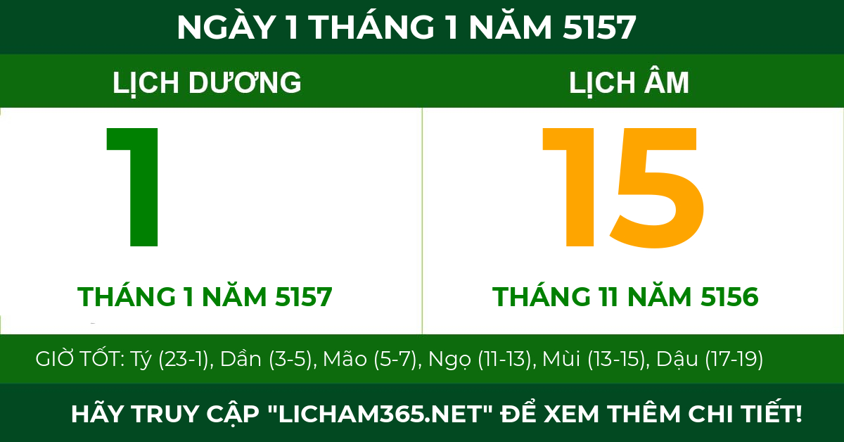 lịch âm ngày 1 tháng 1 năm 5157