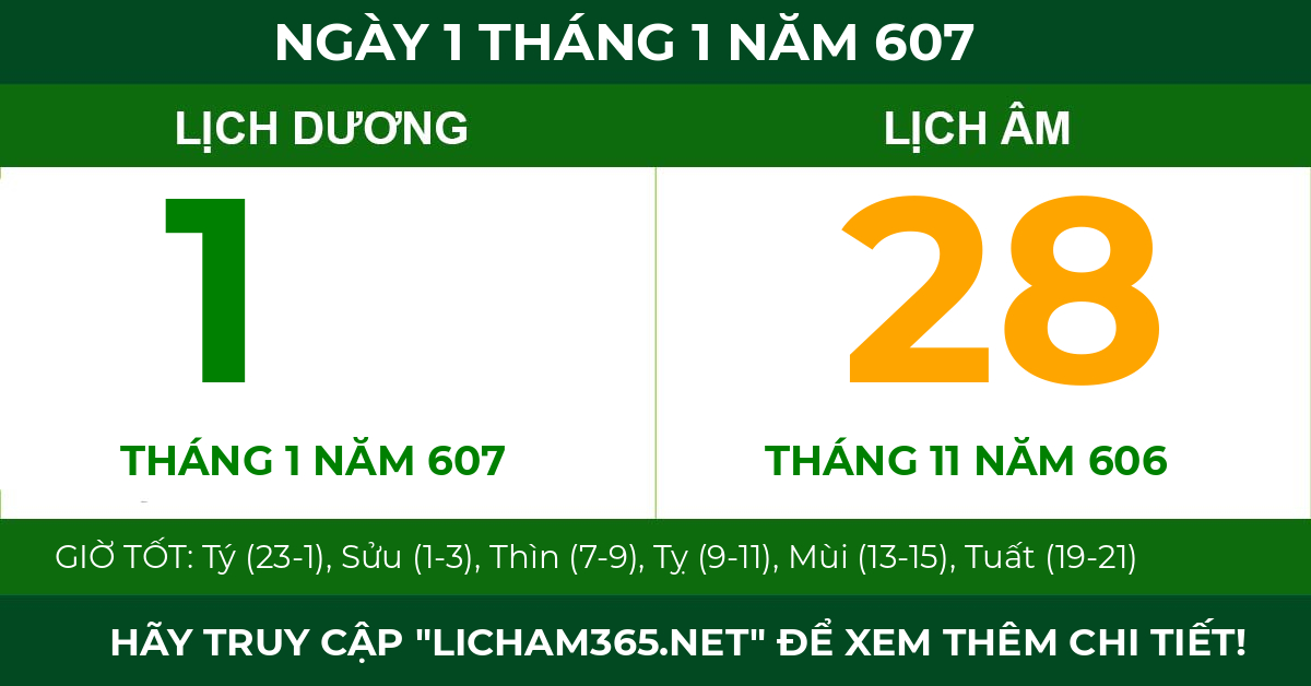 lịch âm ngày 1 tháng 1 năm 607