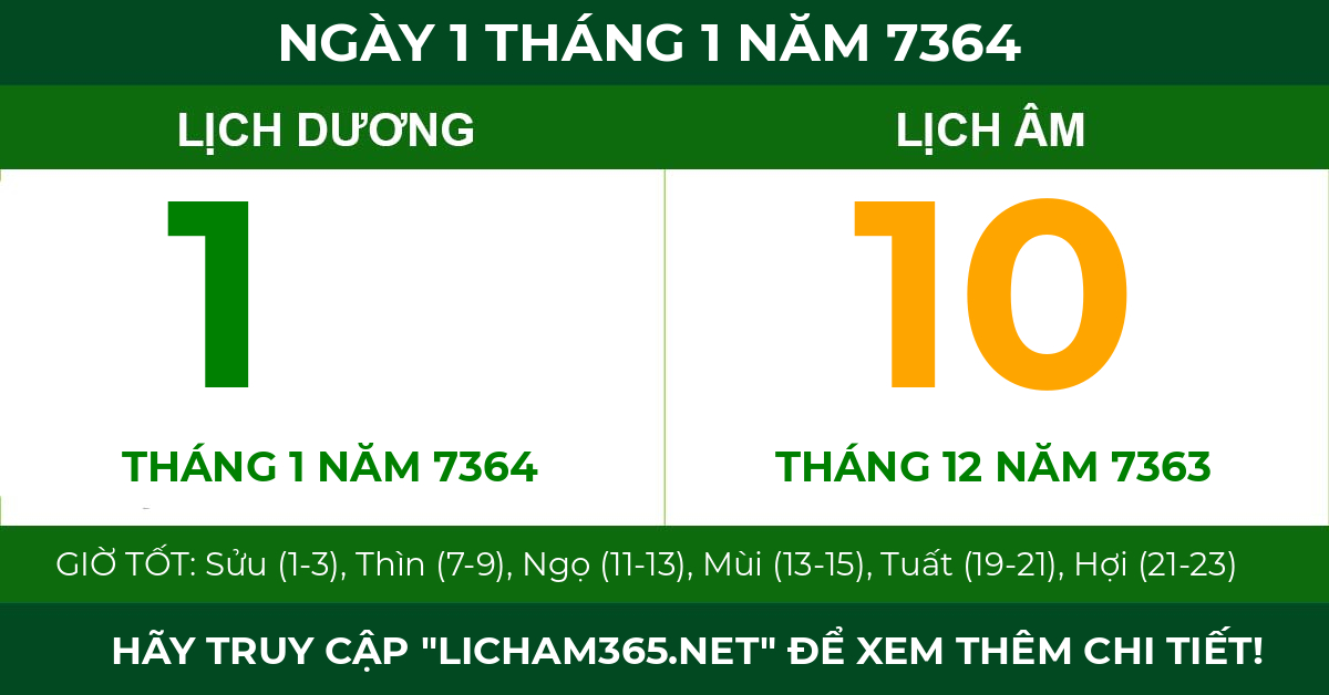 lịch âm ngày 1 tháng 1 năm 7364