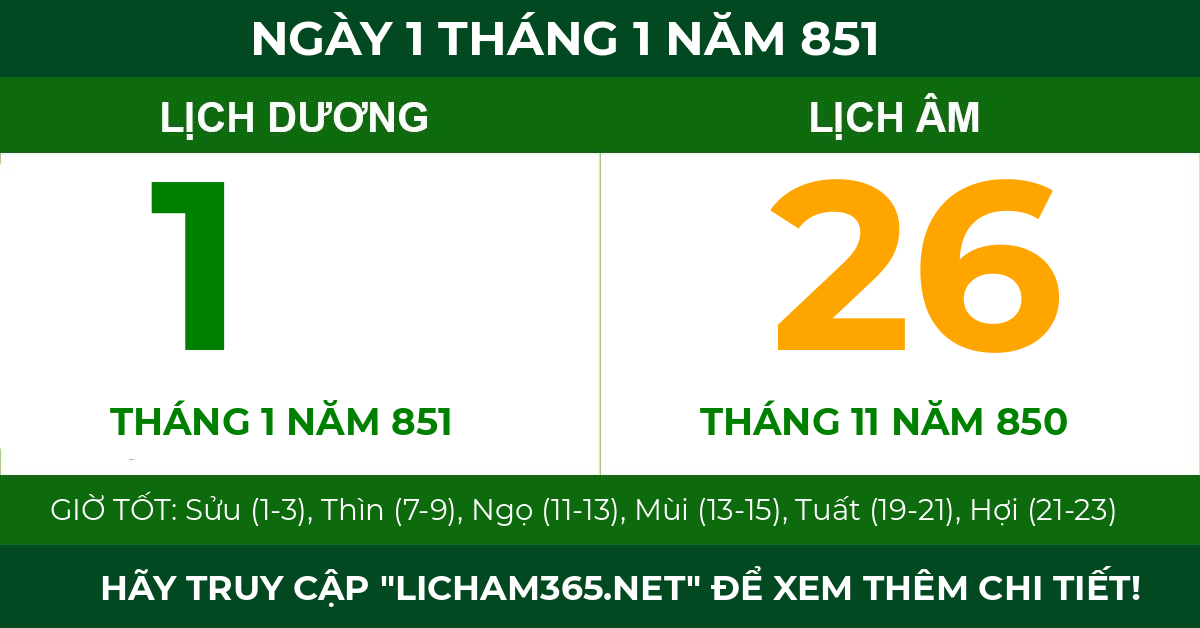 lịch âm ngày 1 tháng 1 năm 851