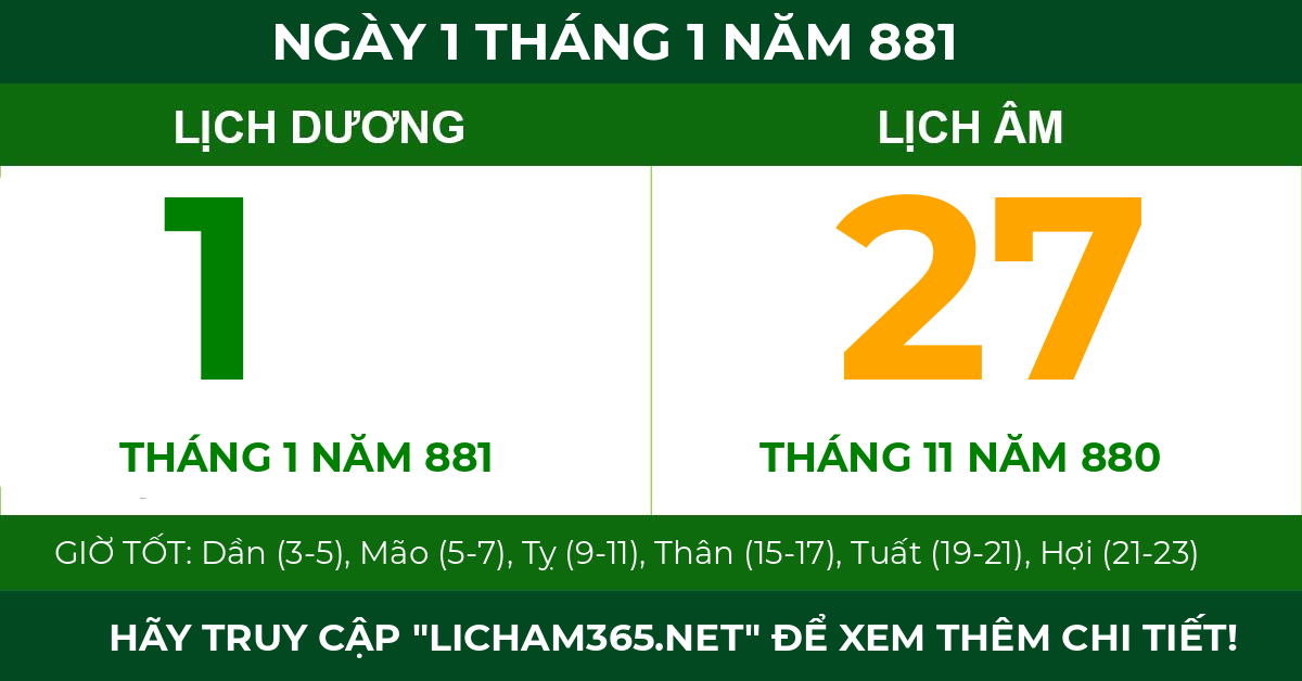 lịch âm ngày 1 tháng 1 năm 881