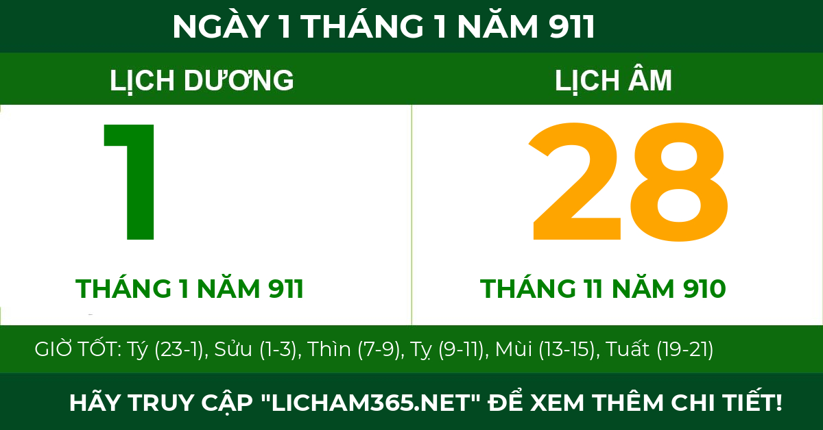lịch âm ngày 1 tháng 1 năm 911