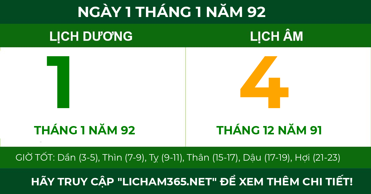 lịch âm ngày 1 tháng 1 năm 92