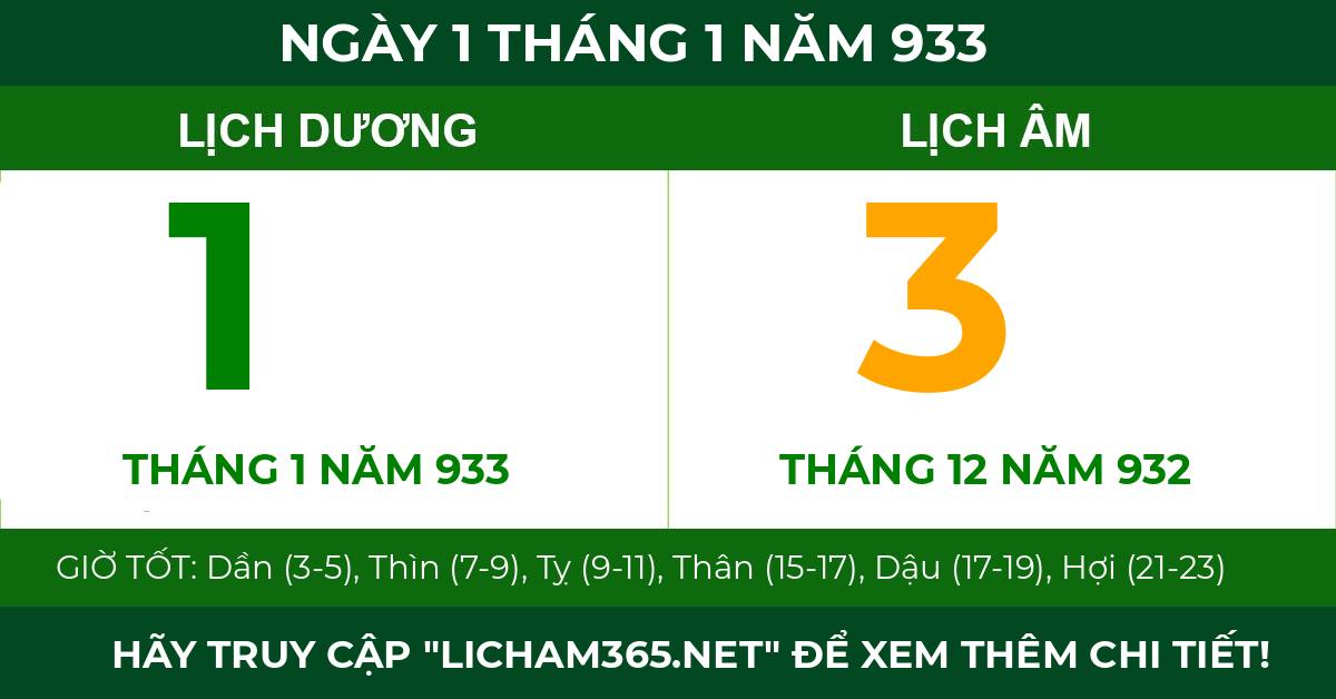 lịch âm ngày 1 tháng 1 năm 933