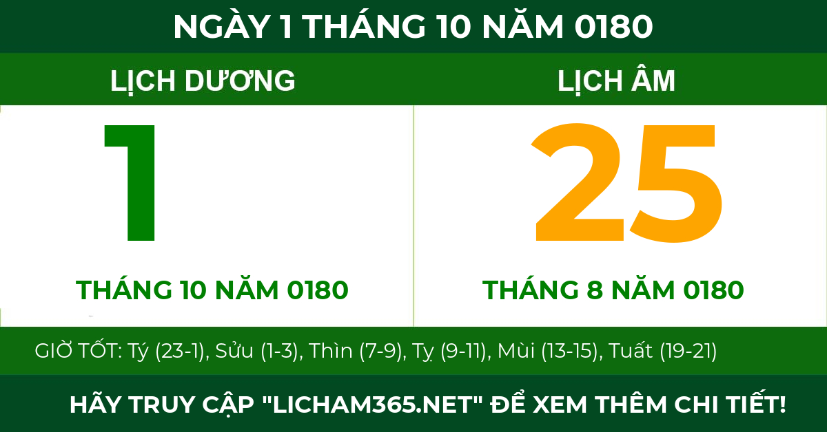 lịch âm ngày 1 tháng 10 năm 0180