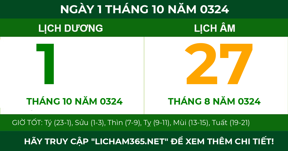 lịch âm ngày 1 tháng 10 năm 0324
