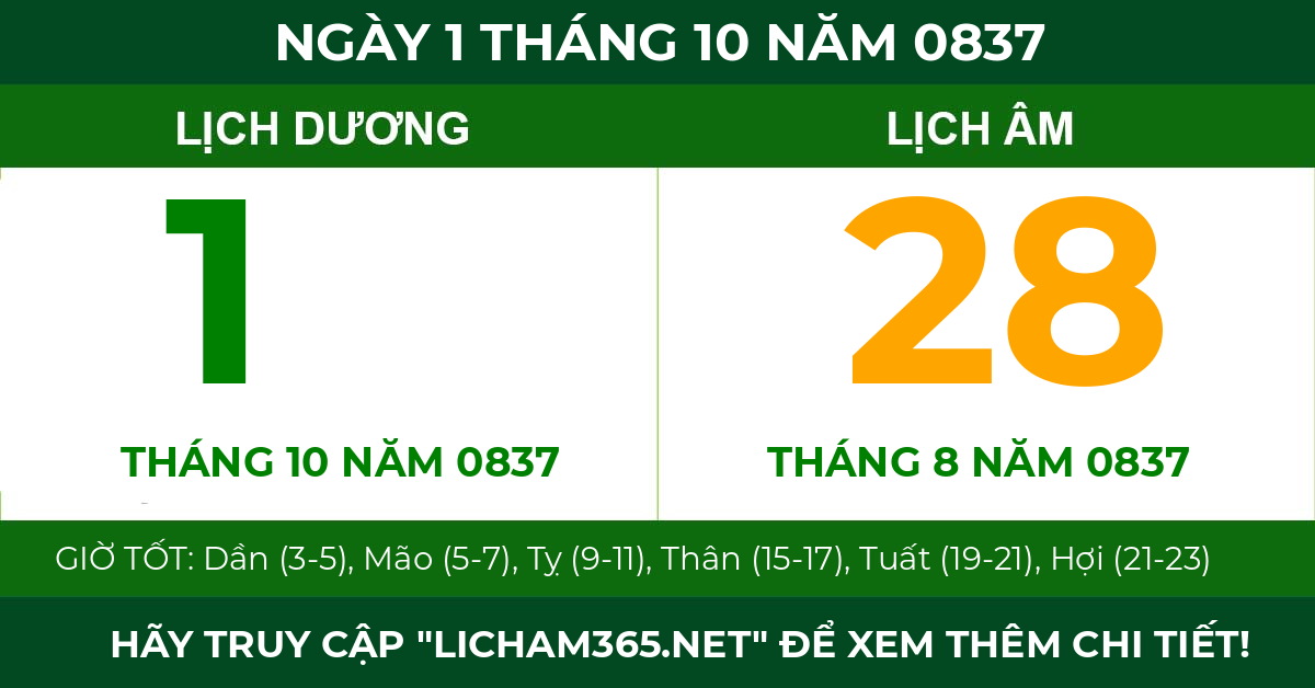 lịch âm ngày 1 tháng 10 năm 0837