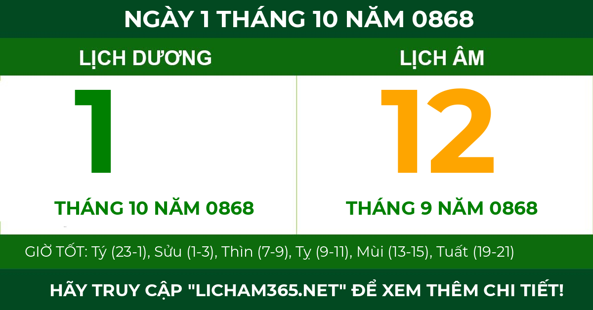 lịch âm ngày 1 tháng 10 năm 0868
