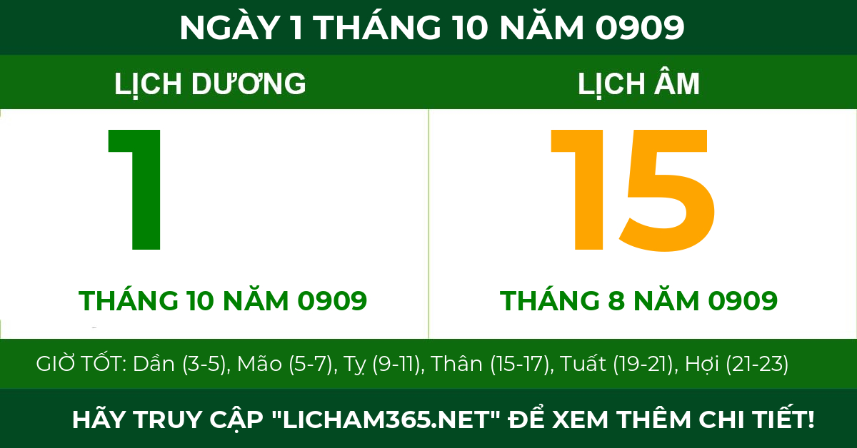 lịch âm ngày 1 tháng 10 năm 0909