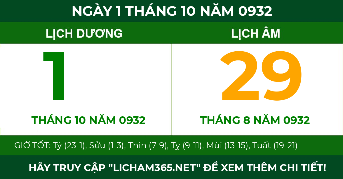 lịch âm ngày 1 tháng 10 năm 0932