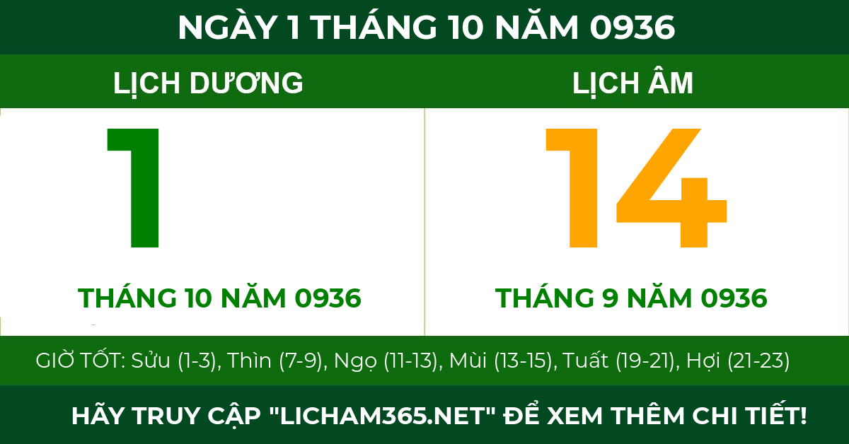 lịch âm ngày 1 tháng 10 năm 0936