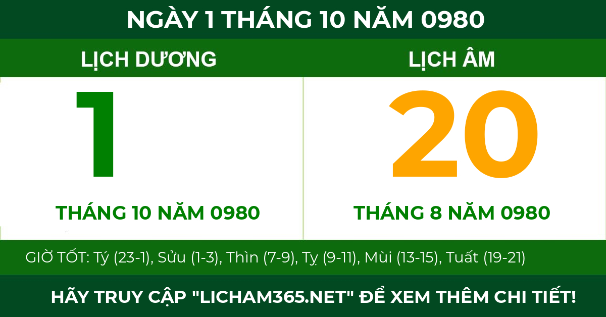 lịch âm ngày 1 tháng 10 năm 0980