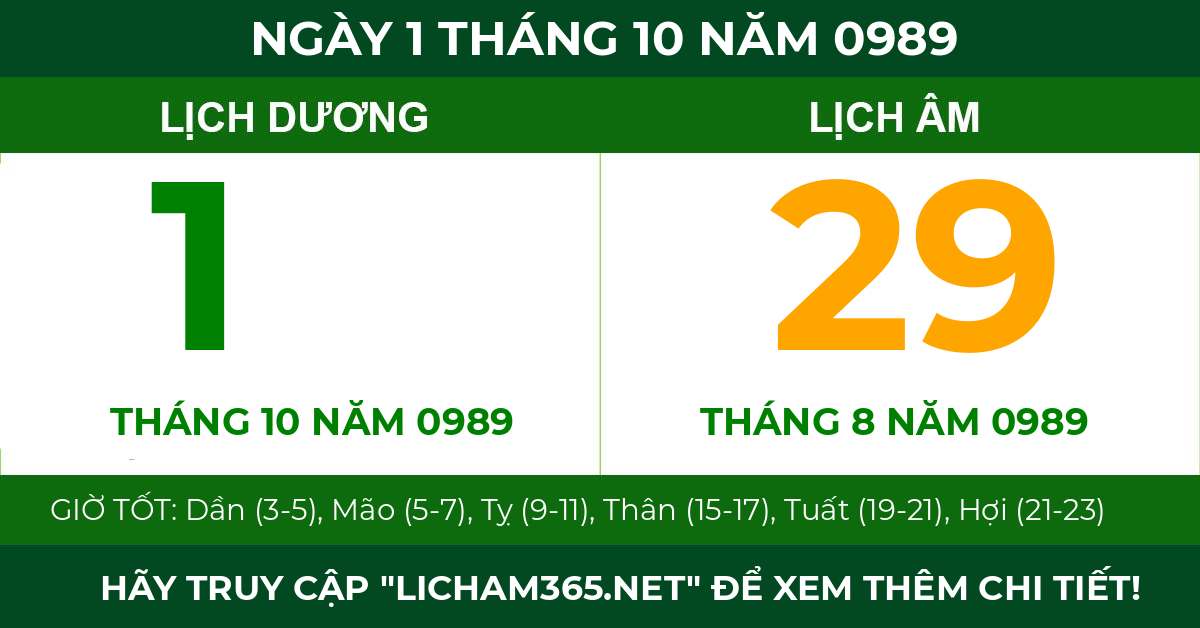 lịch âm ngày 1 tháng 10 năm 0989