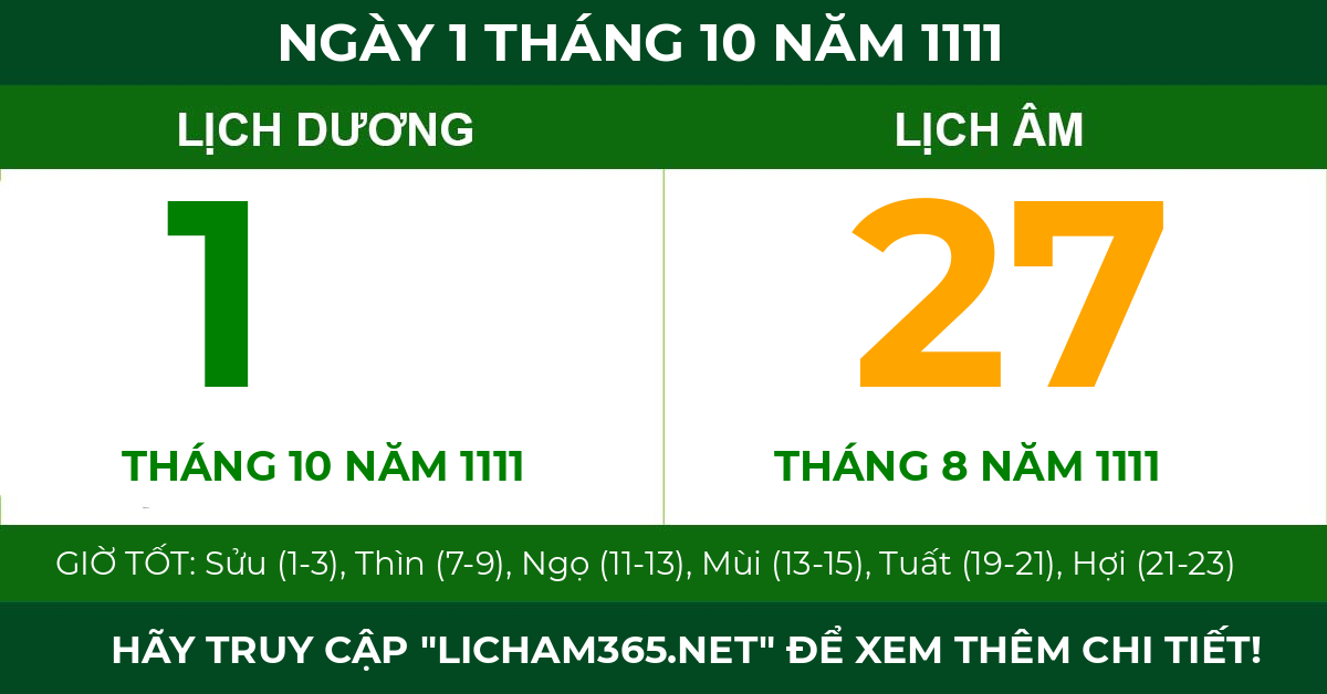 lịch âm ngày 1 tháng 10 năm 1111