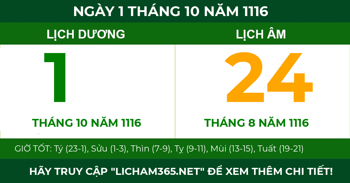 lịch âm ngày 1 tháng 10 năm 1116