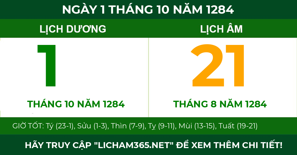 lịch âm ngày 1 tháng 10 năm 1284