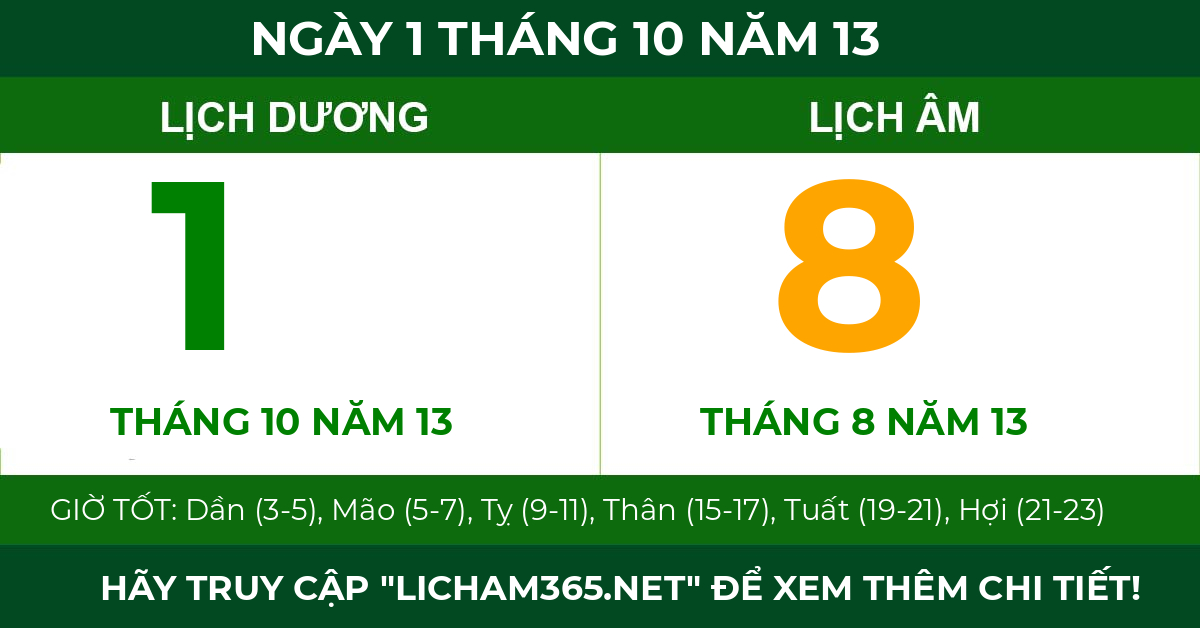lịch âm ngày 1 tháng 10 năm 13