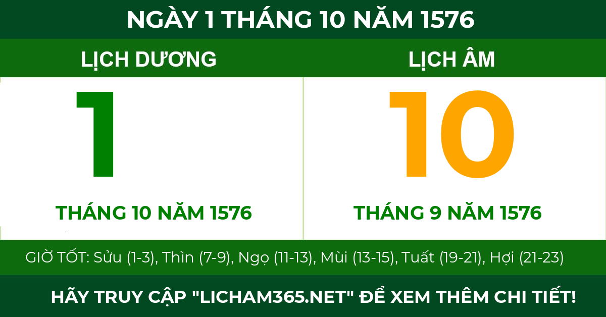 lịch âm ngày 1 tháng 10 năm 1576