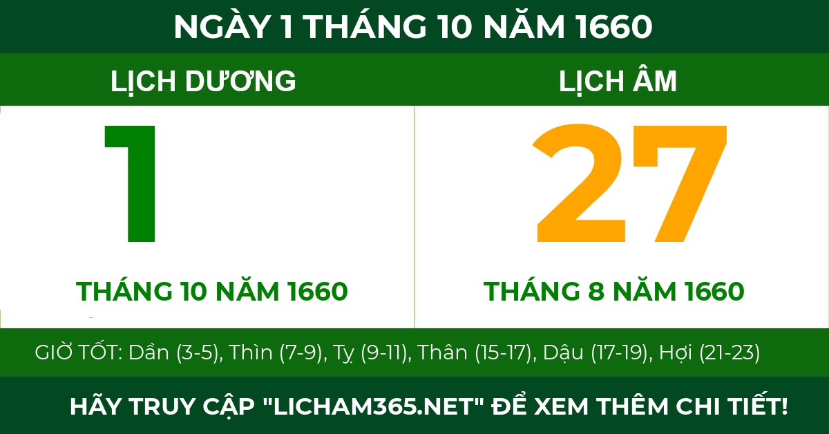 lịch âm ngày 1 tháng 10 năm 1660