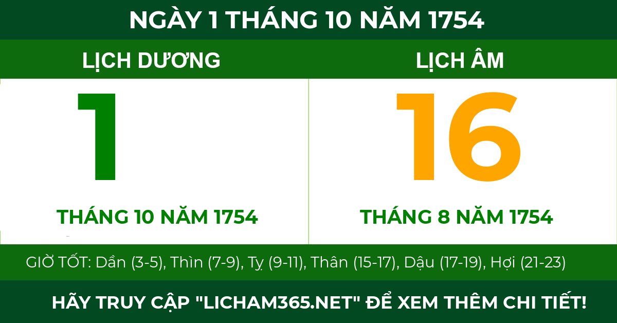 lịch âm ngày 1 tháng 10 năm 1754