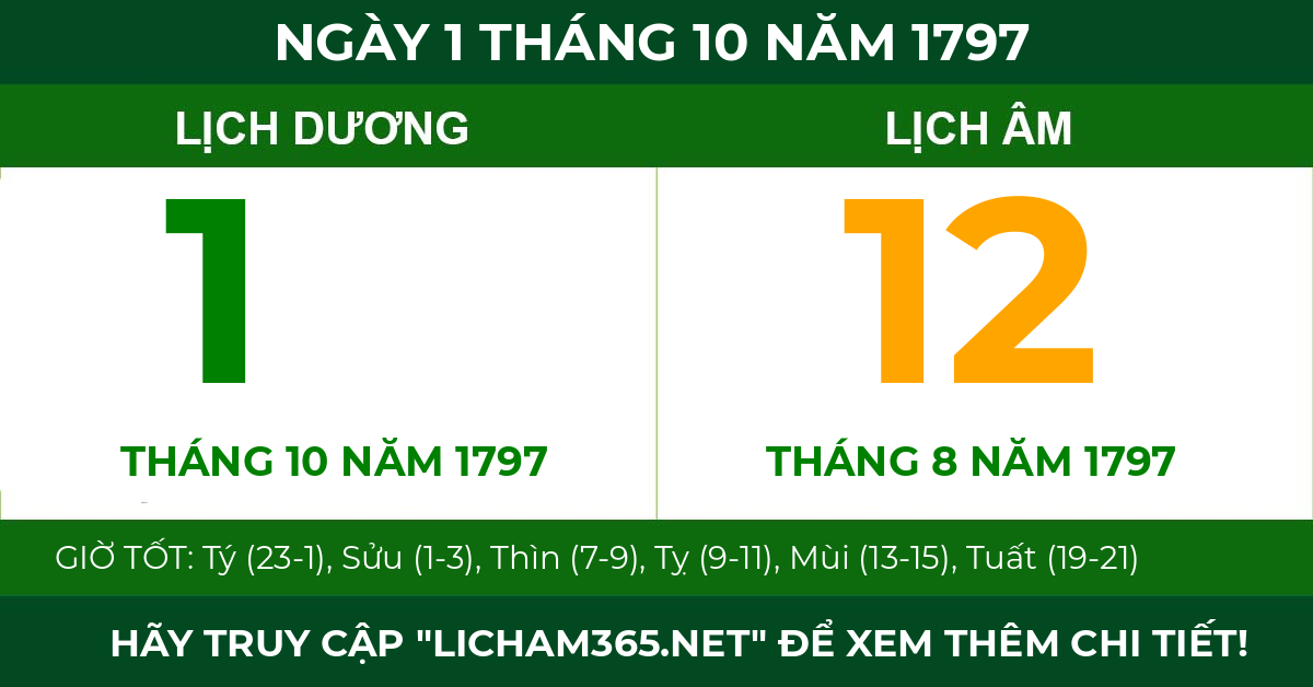 lịch âm ngày 1 tháng 10 năm 1797
