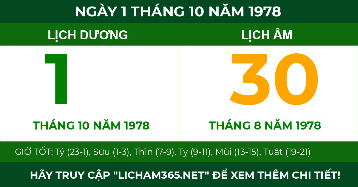 lịch âm ngày 1 tháng 10 năm 1978