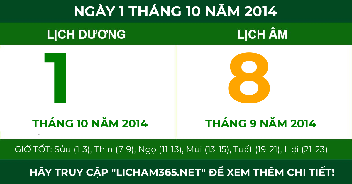 lịch âm ngày 1 tháng 10 năm 2014