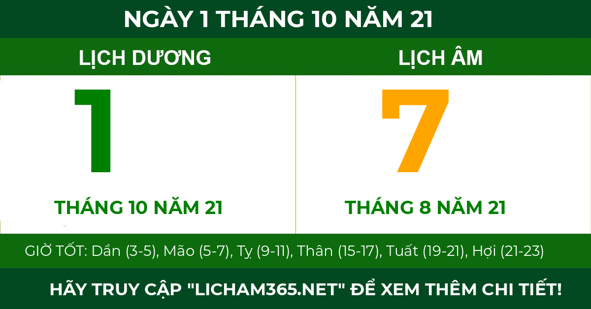 lịch âm ngày 1 tháng 10 năm 21