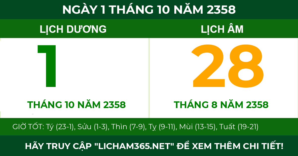 lịch âm ngày 1 tháng 10 năm 2358