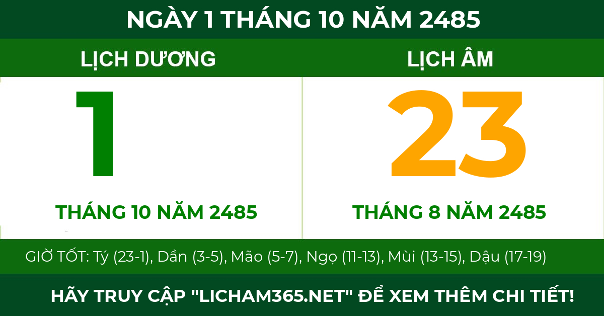 lịch âm ngày 1 tháng 10 năm 2485