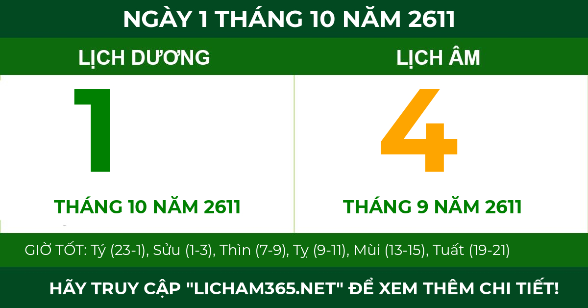 lịch âm ngày 1 tháng 10 năm 2611