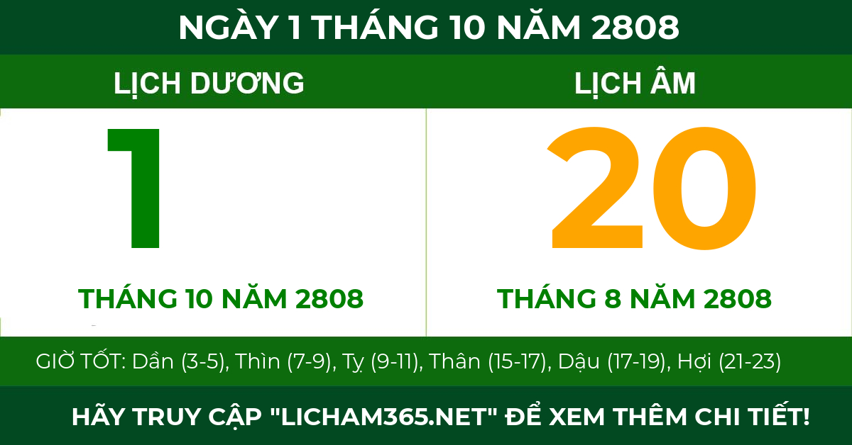 lịch âm ngày 1 tháng 10 năm 2808
