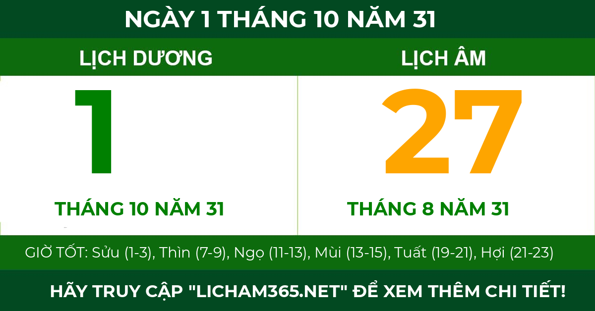 lịch âm ngày 1 tháng 10 năm 31
