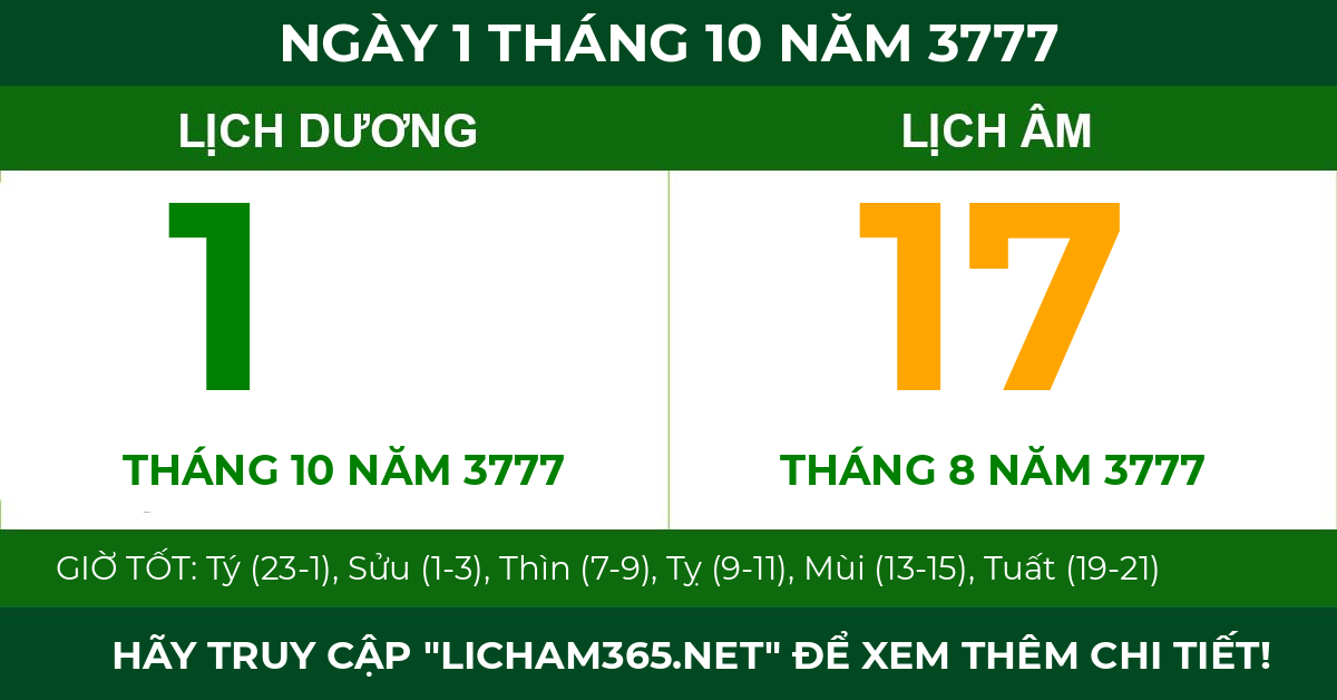 lịch âm ngày 1 tháng 10 năm 3777