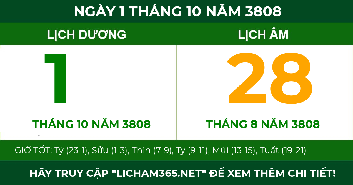 lịch âm ngày 1 tháng 10 năm 3808