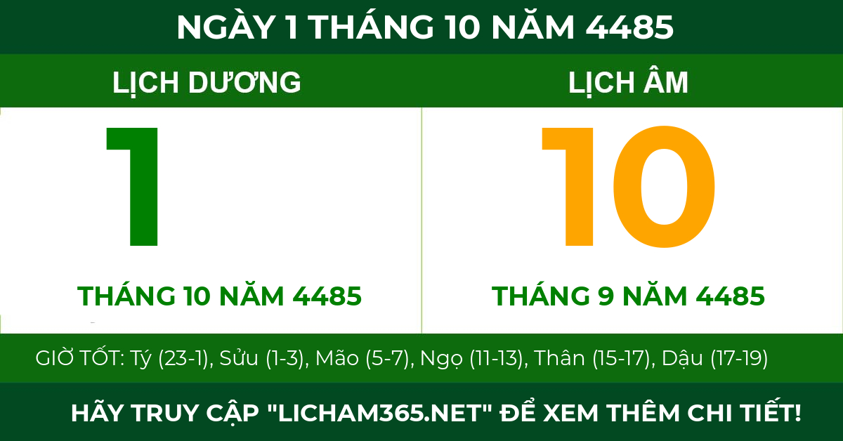 lịch âm ngày 1 tháng 10 năm 4485