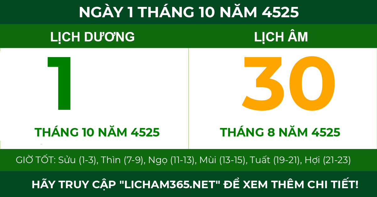 lịch âm ngày 1 tháng 10 năm 4525