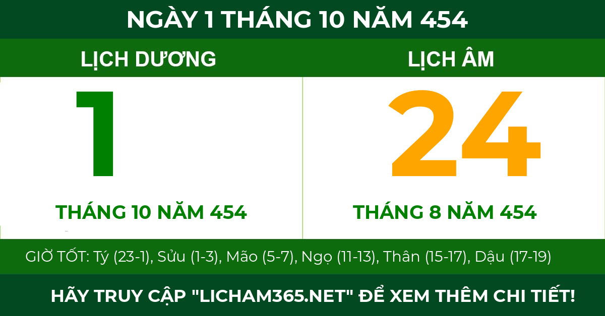 lịch âm ngày 1 tháng 10 năm 454