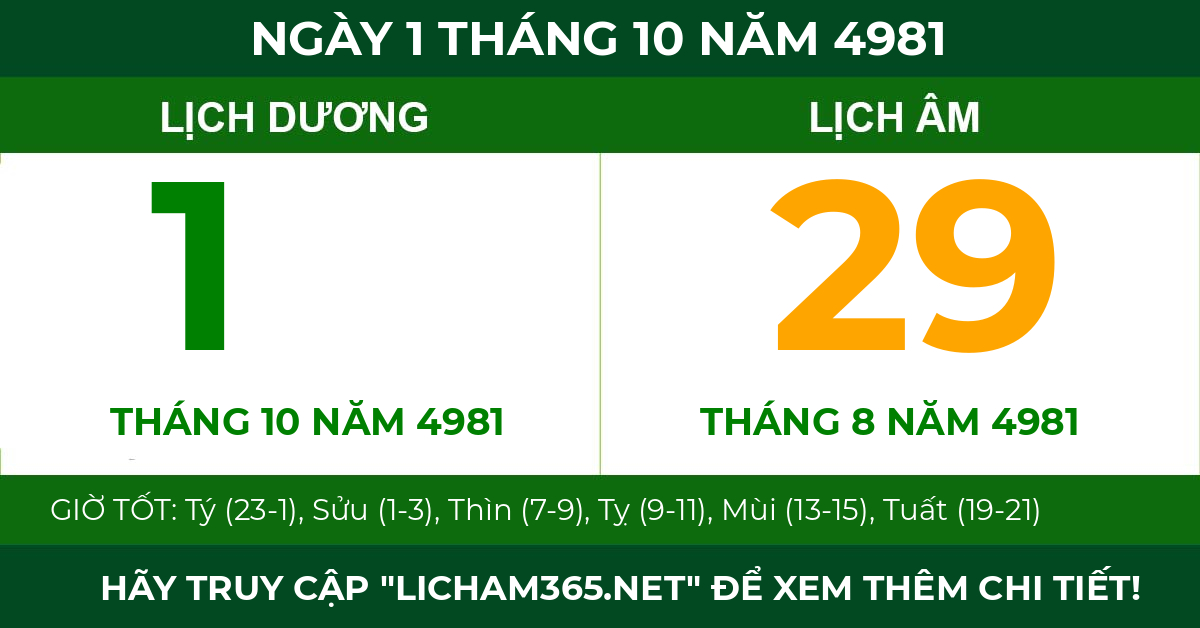 lịch âm ngày 1 tháng 10 năm 4981