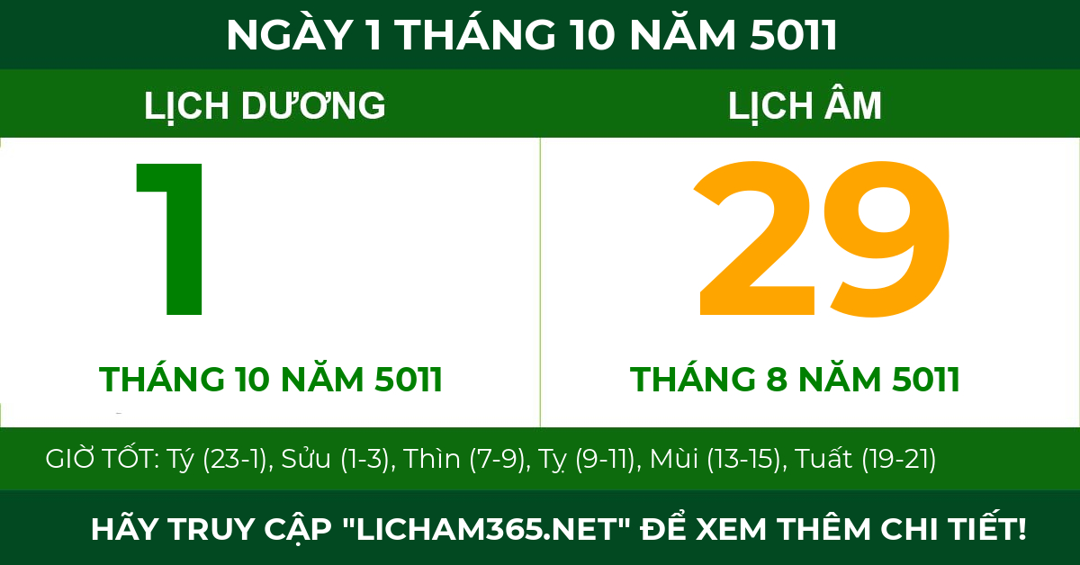 lịch âm ngày 1 tháng 10 năm 5011