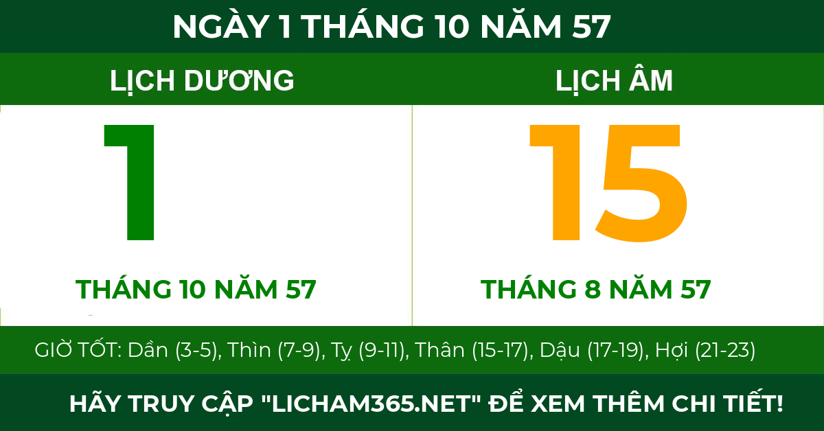 lịch âm ngày 1 tháng 10 năm 57