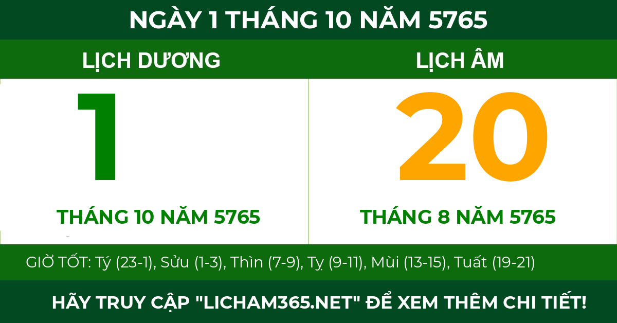 lịch âm ngày 1 tháng 10 năm 5765